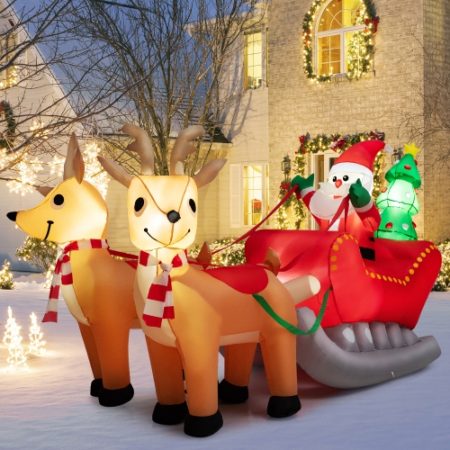 COSTWAY  7.2 Ft Inflatable Santa Claus Sleigh And Reindeer W/ Led Lights & Christmas Tree