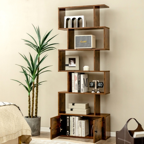 Costway 1 PC Bookshelf w/Cabinet 6-Tier S-Shaped Bookcase Storage Rack
