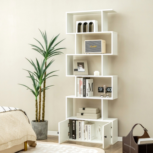 Costway 1 PC Bookshelf w/Cabinet 6-Tier S-Shaped Bookcase Storage Rack