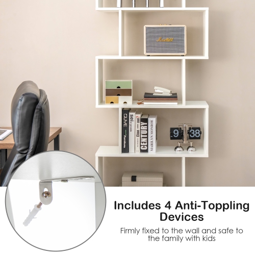 Costway 1 PC Bookshelf w/Cabinet 6-Tier S-Shaped Bookcase Storage Rack