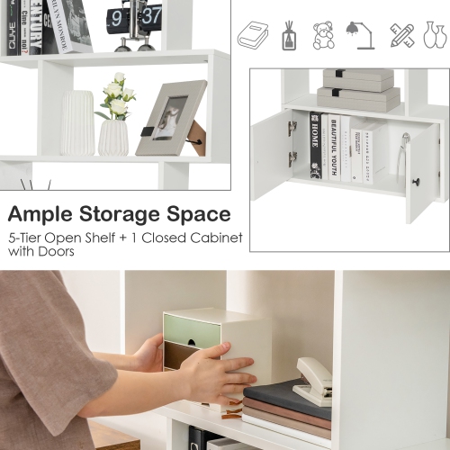Costway 1 PC Bookshelf w/Cabinet 6-Tier S-Shaped Bookcase Storage Rack