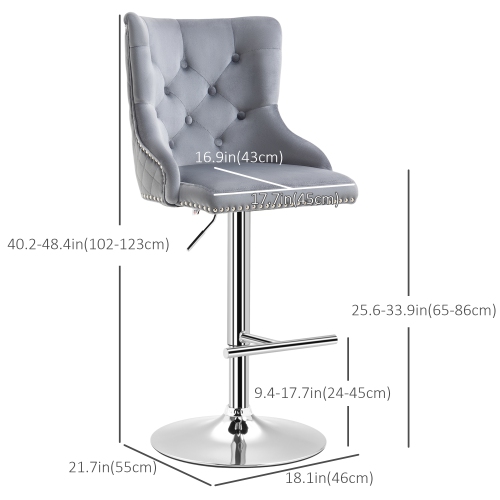 HOMCOM Modern Adjustable Bar Stools Set of 2, Swivel Velvet Barstools, Counter Height Bar Chairs with Button Tufted Back, Footrest, Nailhead Trim for