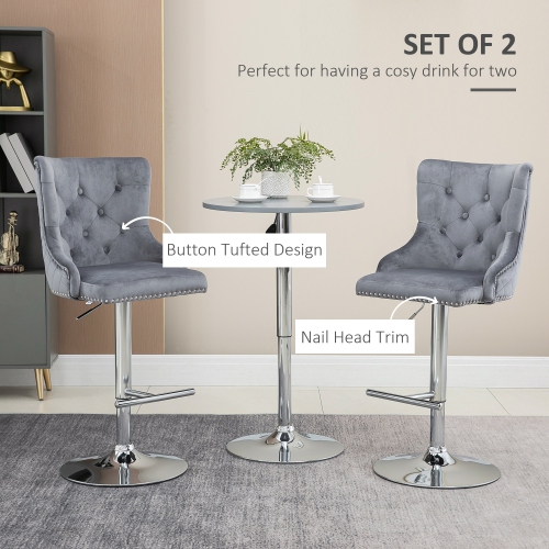 HOMCOM Modern Adjustable Bar Stools Set of 2, Swivel Velvet Barstools, Counter Height Bar Chairs with Button Tufted Back, Footrest, Nailhead Trim for