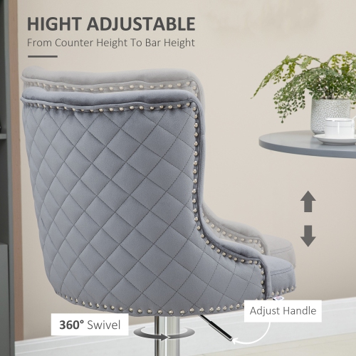 HOMCOM Modern Adjustable Bar Stools Set of 2, Swivel Velvet Barstools, Counter Height Bar Chairs with Button Tufted Back, Footrest, Nailhead Trim for