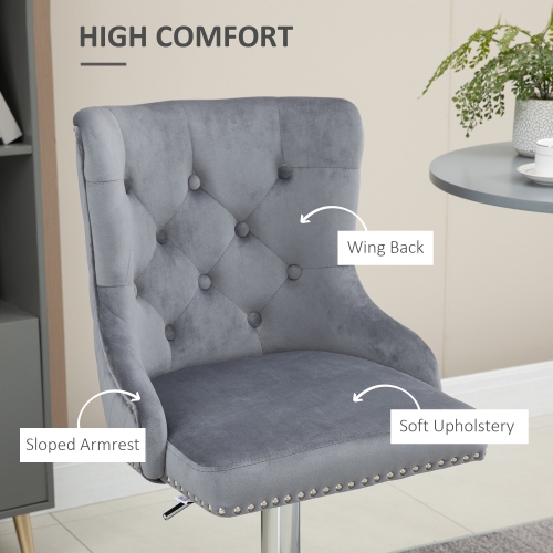 HOMCOM Modern Adjustable Bar Stools Set of 2, Swivel Velvet Barstools, Counter Height Bar Chairs with Button Tufted Back, Footrest, Nailhead Trim for