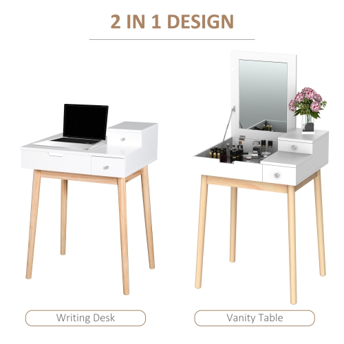 HOMCOM Makeup Vanity Desk with Flip Top Mirror, Modern Dressing Table, Make Up Desk with Flip-up Top, 2 Drawers for Bedroom, White