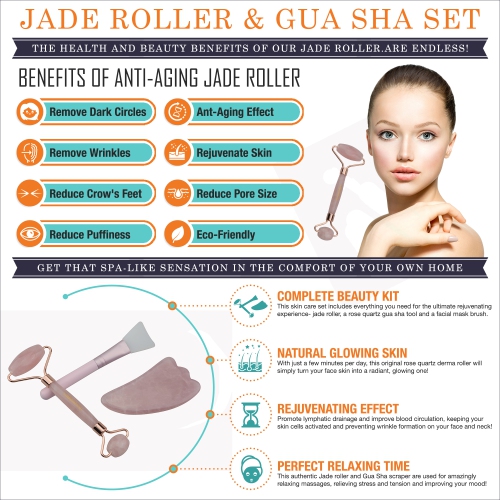 Gua Sha & Jade Roller Set – Original Rose Quartz Roller for Scrape Massage – Beauty Skin Care Kit –Rejuvenating Skin – Anti-Aging Firming Effect –