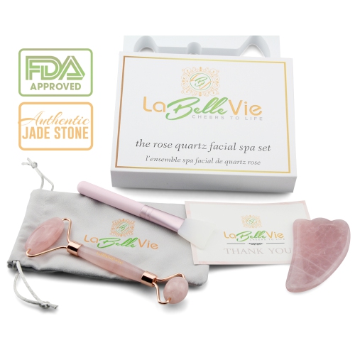 Gua Sha & Jade Roller Set – Original Rose Quartz Roller for Scrape Massage – Beauty Skin Care Kit –Rejuvenating Skin – Anti-Aging Firming Effect –