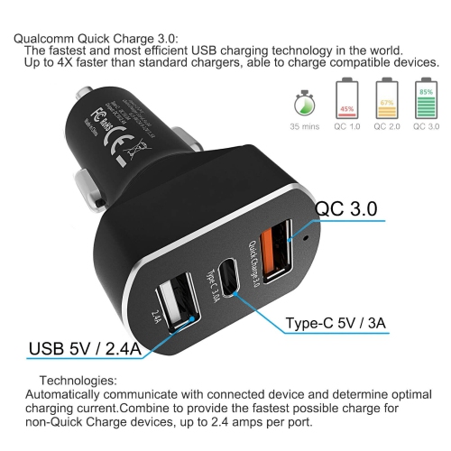Adaptateur de chargeur pour l’auto à 3 ports USB QC 3.0 à recharge rapide