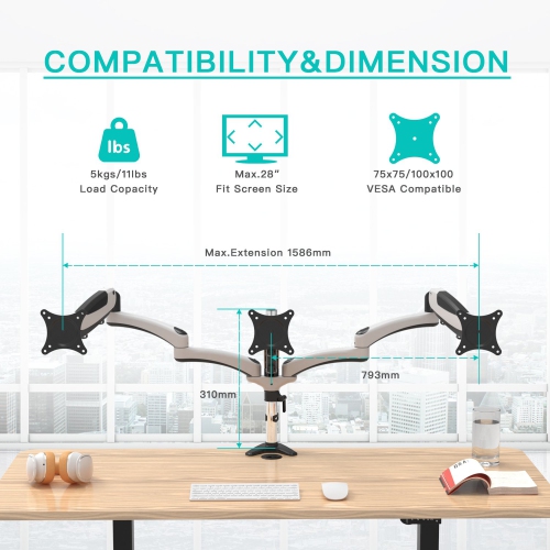 AMER 15"-28" Tilt Triple Monitor Mount with Articulating Arms - White, Black and Chrome