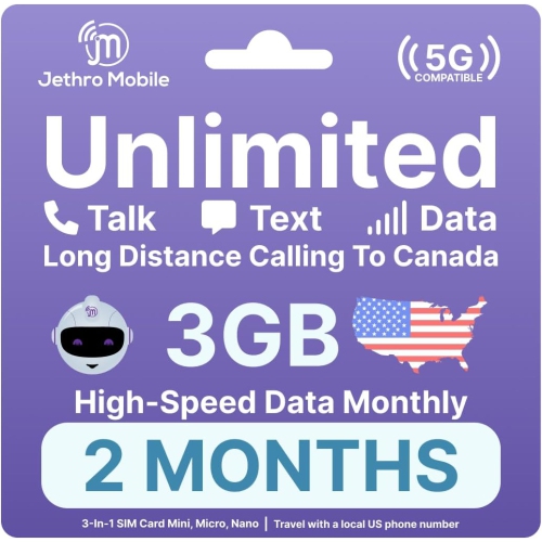 Jethro Mobile Prepaid USA Carte SIM de voyage, 4G LTE High-Speed Data, appels illimités et messages texte, sans contrat, 2 mois