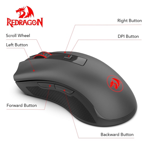 Redragon M652 Optical 2.4G Wireless Mouse with USB Receiver, 2400 DPI Portable Gaming & Office Mice, 5 Adjustable DPI Levels, 6 Buttons for Desktop,