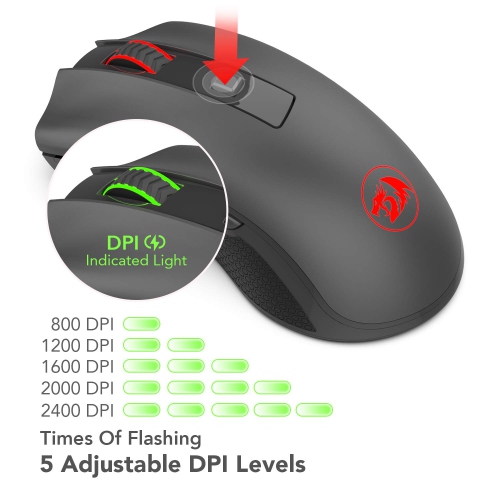 Redragon M652 Optical 2.4G Wireless Mouse with USB Receiver, 2400 DPI Portable Gaming & Office Mice, 5 Adjustable DPI Levels, 6 Buttons for Desktop,