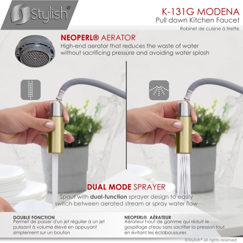 K131GK142G Single Handle Pull Down Kitchen Faucet with Cold Water Tap in Gold