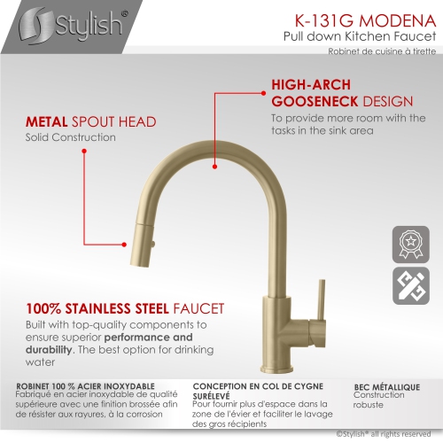 K131GK142G Single Handle Pull Down Kitchen Faucet with Cold Water Tap in Gold