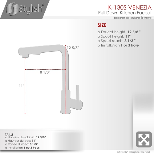 K130SS01S Single Handle Pull Down Kitchen Faucet with Soap Dispenser in Stainless Steel