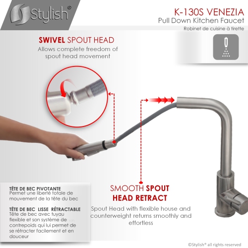 K130SS01S Single Handle Pull Down Kitchen Faucet with Soap Dispenser in Stainless Steel