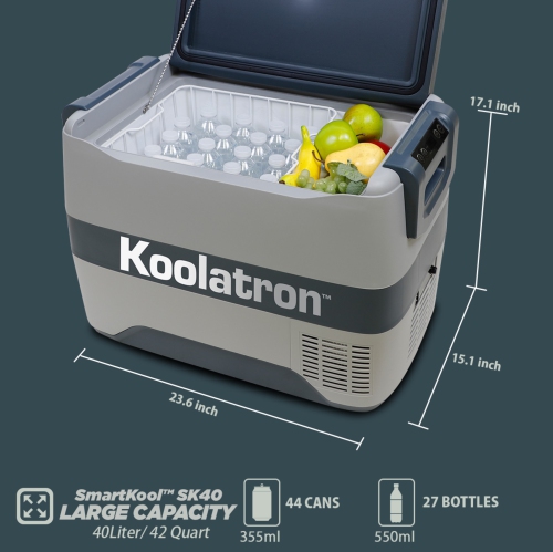 Koolatron 12 Volt Portable Freezer/Refrigerator w/ Bluetooth 42 qt, 12V DC/110V AC Cords, Gray