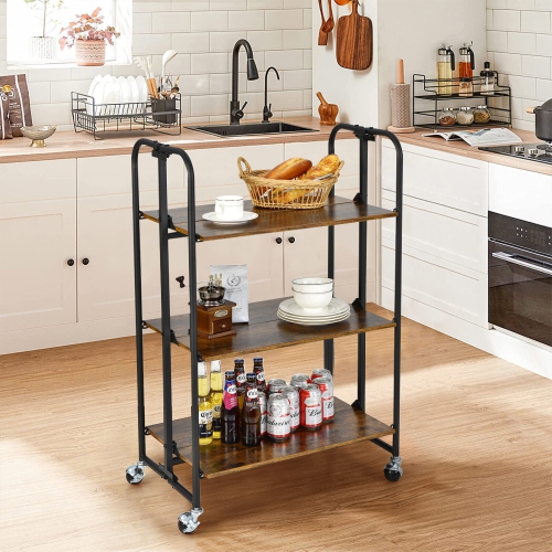 Gymax 3-Tier Folding Bar Cart Kitchen Serving Island Utility Cart Storage Shelves