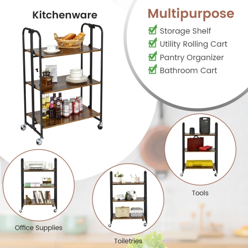 Gymax 3-Tier Folding Bar Cart Kitchen Serving Island Utility Cart Storage Shelves