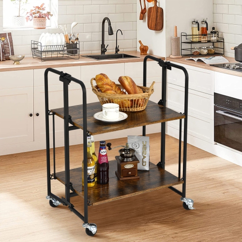 Gymax 2-Tier Folding Bar Cart Kitchen Serving Island Utility Cart Storage Shelves