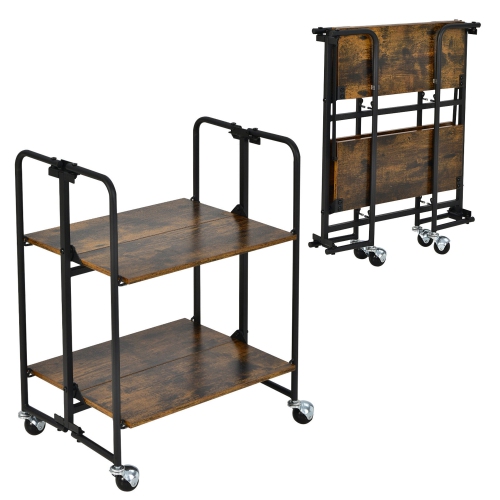 Gymax 2-Tier Folding Bar Cart Kitchen Serving Island Utility Cart Storage Shelves