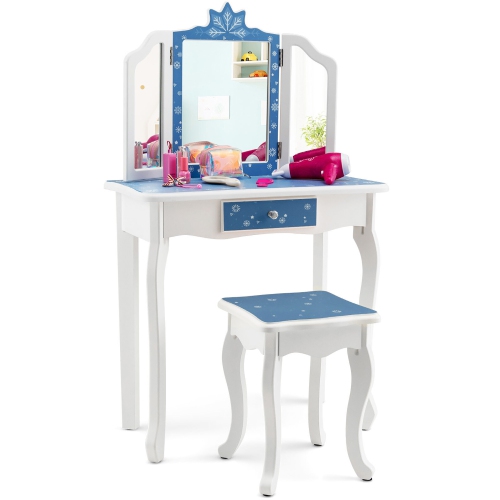 GYMAX  Kid Vanity Set Wooden Makeup Table Stool Tri-Folding Mirror Snowflake Print