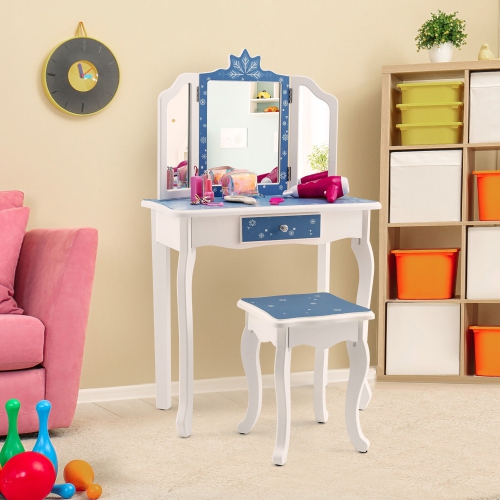 Gymax Kid Vanity Set Wooden Makeup Table Stool Tri-Folding Mirror Snowflake Print