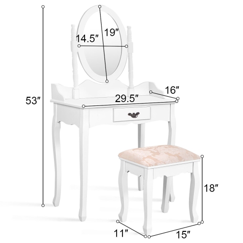 Gymax Vanity Wood Makeup Dressing Table Stool Set w/ Drawer & Mirror Jewelry Desk White
