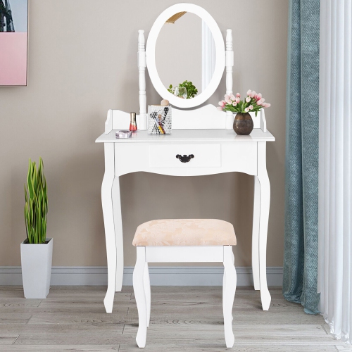 Gymax Vanity Wood Makeup Dressing Table Stool Set w/ Drawer & Mirror Jewelry Desk White