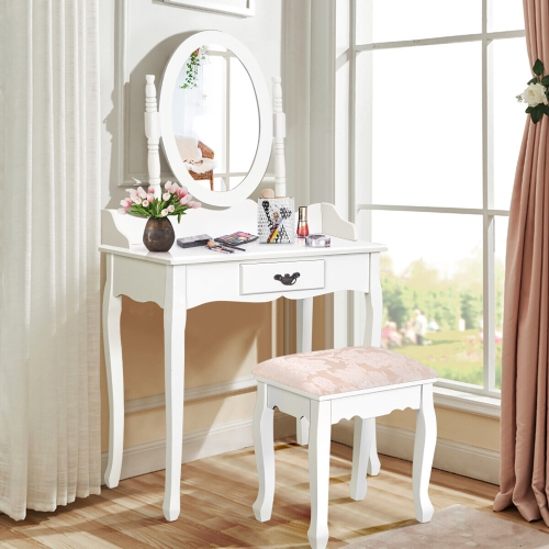 Gymax Vanity Wood Makeup Dressing Table Stool Set w/ Drawer & Mirror Jewelry Desk White