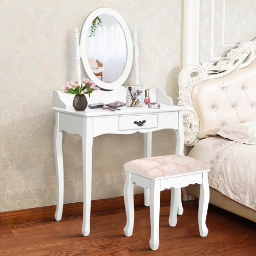 Gymax Vanity Wood Makeup Dressing Table Stool Set w/ Drawer & Mirror Jewelry Desk White