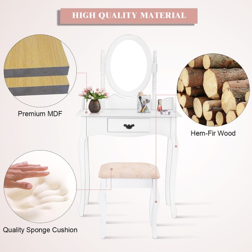 Gymax Vanity Wood Makeup Dressing Table Stool Set w/ Drawer & Mirror Jewelry Desk White