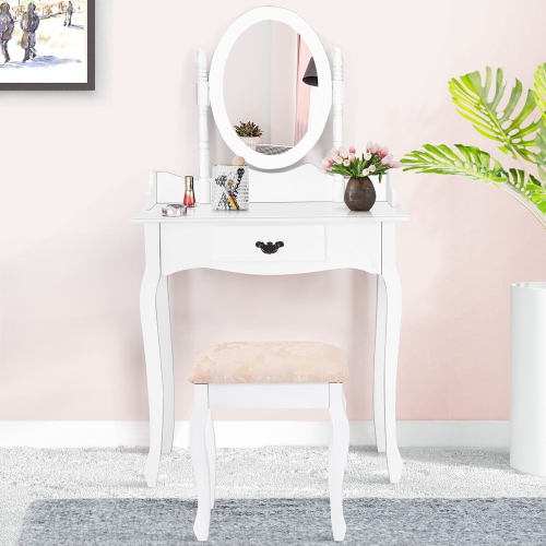 Gymax Vanity Wood Makeup Dressing Table Stool Set w/ Drawer & Mirror Jewelry Desk White