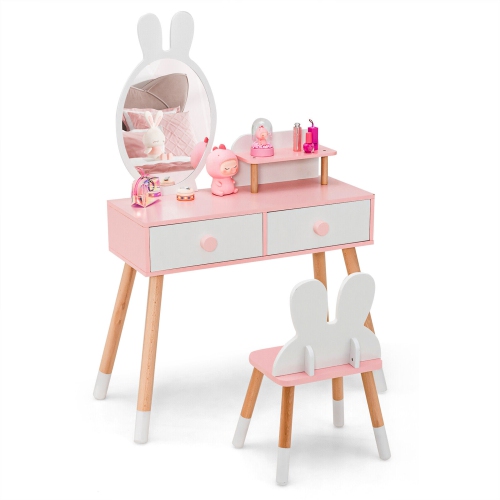 Gymax Kid Vanity Set Makeup Table Stool with Drawer Shelf Wood Leg Rabbit Mirror