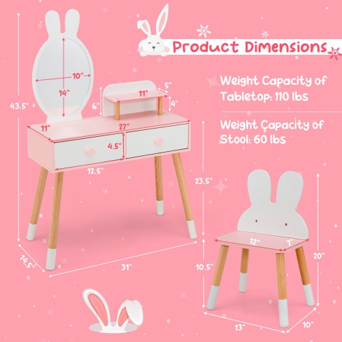 Gymax Kid Vanity Set Makeup Table Stool with Drawer Shelf Wood Leg Rabbit Mirror