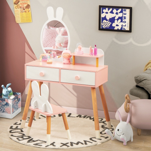 Gymax Kid Vanity Set Makeup Table Stool with Drawer Shelf Wood Leg Rabbit Mirror