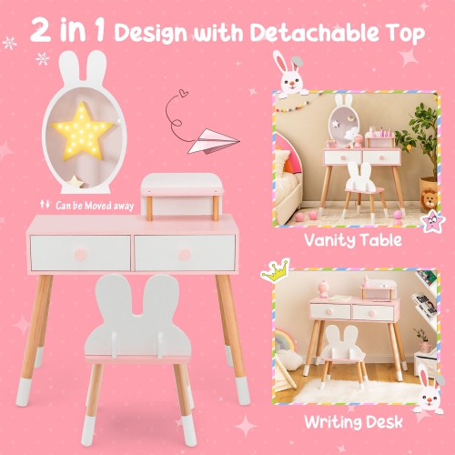 Gymax Kid Vanity Set Makeup Table Stool with Drawer Shelf Wood Leg Rabbit Mirror