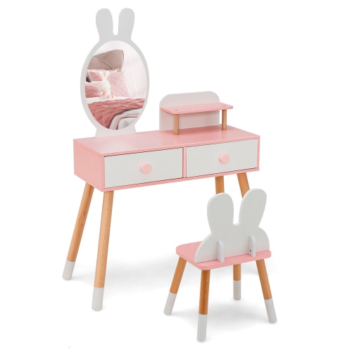 Gymax Kid Vanity Set Makeup Table Stool with Drawer Shelf Wood Leg Rabbit Mirror