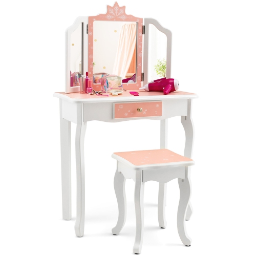 Gymax Kid Vanity Set Wooden Makeup Table Stool Tri-Folding Mirror Snowflake Print