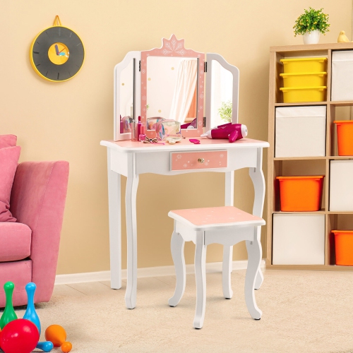 Gymax Kid Vanity Set Wooden Makeup Table Stool Tri-Folding Mirror Snowflake Print