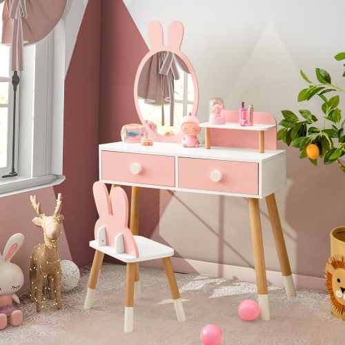 Gymax Kid Vanity Set Makeup Table Stool with Drawer Shelf Wood Leg Rabbit Mirror