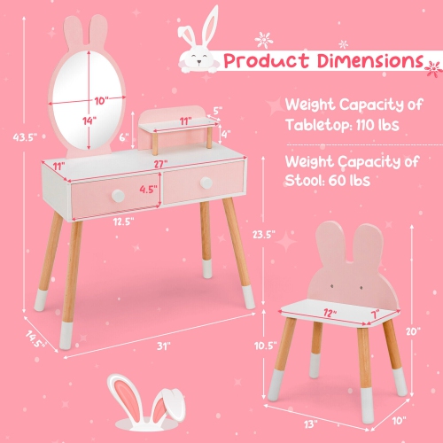 Gymax Kid Vanity Set Makeup Table Stool with Drawer Shelf Wood Leg Rabbit Mirror