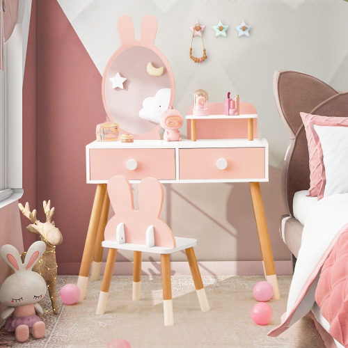 Gymax Kid Vanity Set Makeup Table Stool with Drawer Shelf Wood Leg Rabbit Mirror