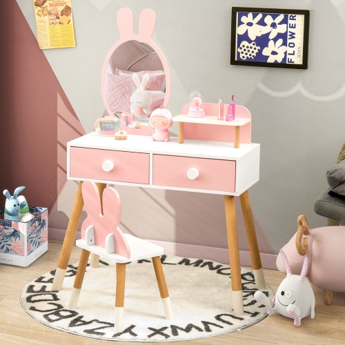 Gymax Kid Vanity Set Makeup Table Stool with Drawer Shelf Wood Leg Rabbit Mirror
