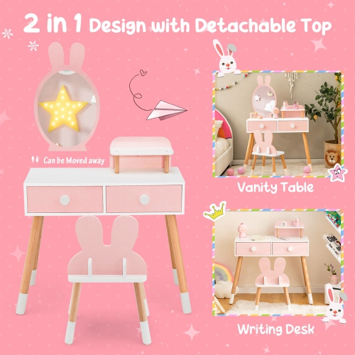 Gymax Kid Vanity Set Makeup Table Stool with Drawer Shelf Wood Leg Rabbit Mirror