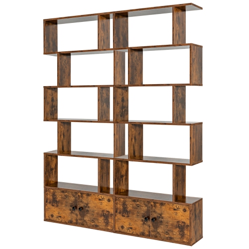 Gymax 2 PCS Bookshelf w/ Cabinet 6-Tier S-Shaped Bookcase Storage Rack Rustic Brown