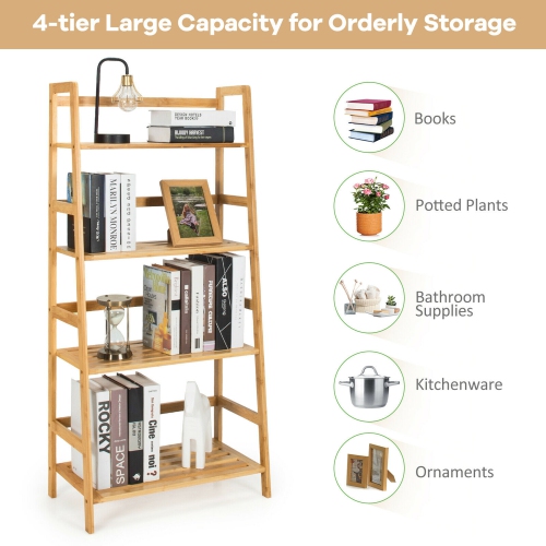Gymax 4-Tier Bookshelf Bamboo Ladder Shelf Bathroom Shelves Storage Plant Stand Rack