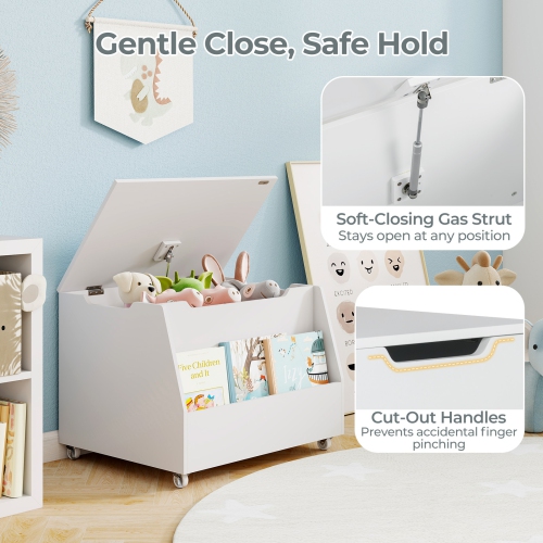 Gymax Kids Toy Box Wooden Storage Chest Bench w/ Bookshelf Wheels Safety Hinge Lid