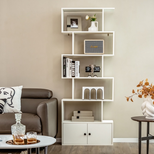 Gymax 2PCS 6-tier Geometric Bookcase S-shaped Z-shelf Bookshelf Cabinet w/ Doors White